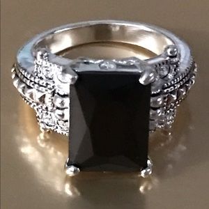 Silver Large Emerald Cut Black Gem Ring 9 W/Gift Bag